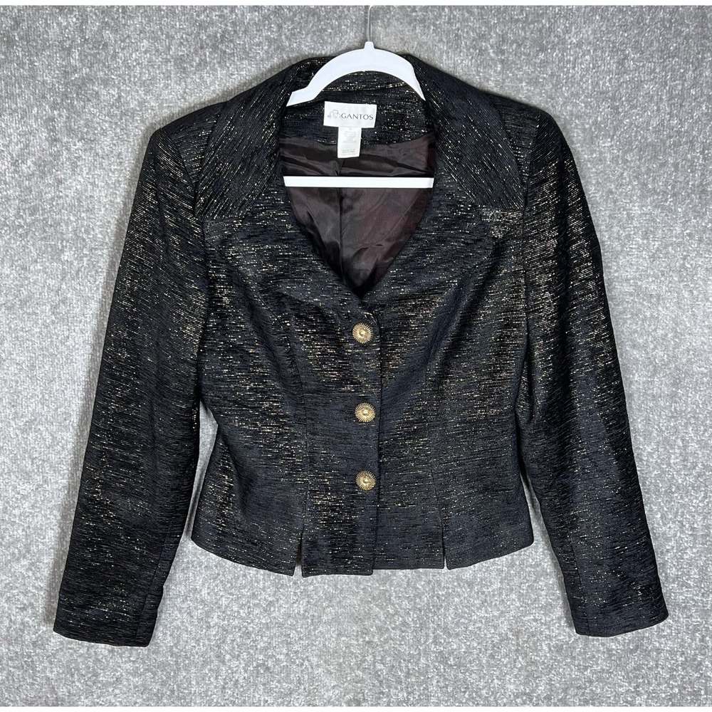 Vintage Gantos 3 Button Blazer Womens Size 4 Black Gold Metallic Textured Lined